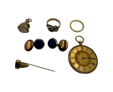 A quantity of items to include a pair of cufflinks, a fob, a ring with snakes emblem to mount, a stick pin and a pocket watch
