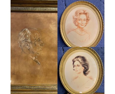 Three portraits, cleared from the Drawing Room at 86 Eaton Square, to include two pencil drawings signed Molly Bishop '93, in