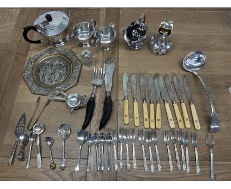 A collection of silver plated wares to include an Art Deco style three pieces tea service  and other items. 