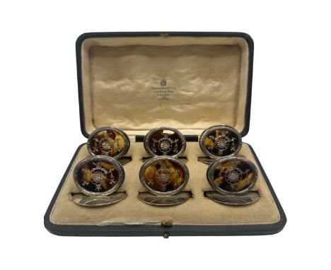 A fine set of GARRARD &amp; CO Ltd, hallmarked silver and tortoiseshell place holders, each holder with detailed inlaid  silv