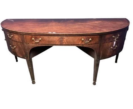 A large Georgian mahogany and inlaid  demi lune sideboard, the large central drawer flanked by dummy  side drawers,  and 2 la