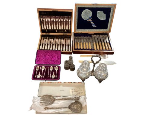 A quantity of cased flatware, to include a cased set of silver apostle teaspoons, a mother of pearl knife and fork set in pre