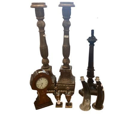 Pair of wooden floor standing candlesticks (76cm H) together with a heavy bronze 6 branch table candelabra on trefoil base (7