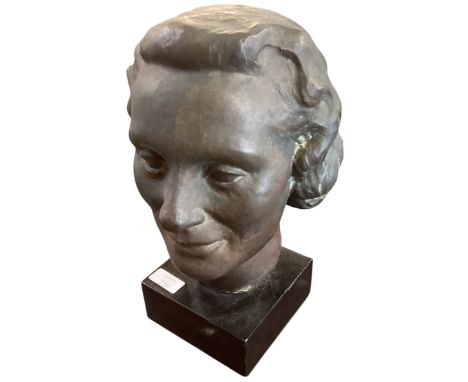 A portrait bust head of a lady - Mrs Mary Rawlings (1960s) on raised stand, approx height, 31cm High, by C J Holder, part of 