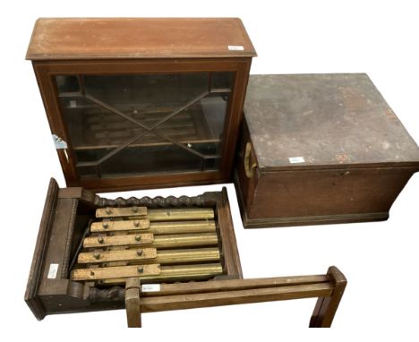 A quantity of wooden collectables to incldue a wooden towel rail, a cutlery/silver strong box, a walnut stationery box, and a