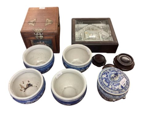 A collection of Oriental items to include a travel dressing box , a nine section Famille Rose serving dish in a hardwood and 