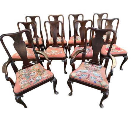 A set of 10 good heavy matching dining chairs ( 8+2), with floral tapestry seats, some restoration on the armchair , Armchair