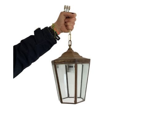 A hexagonal hanging brass ang glass hall lantern lantern 32cm height 