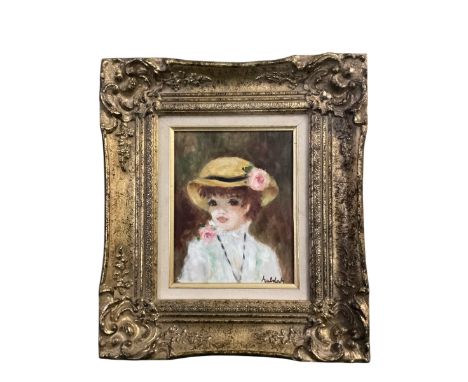 Portrait oil on canvas, girl with a hat, in the impressionist style, signed lower right , Huldah, and pencil verso dated 1987