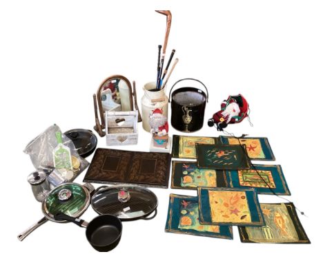 A quantity of household bric a brac and collectables to include a bamboo style dressing table mirror, sticks and horse whips,