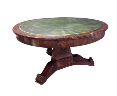 A mahogany C19th Drum table.  circa 1840, with green leather top, 6 numbered drawers , caster wheels, some minor marks, scrat