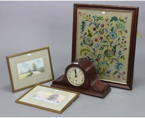 A 1930’s mantel clock with silvered dial, chiming movement &amp; in mahogany domed-top case, 9¼” high; together with two wate