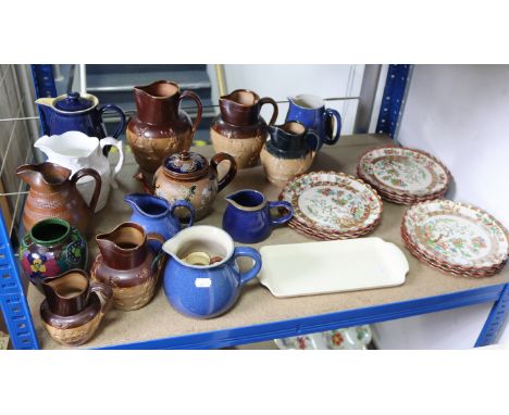 A Doulton Slater’s patent stoneware teapot; five harvest ware-style jugs; a Chinese blue &amp; white jardinière; a floral dec