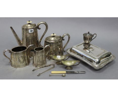 A late 19th/early 20th century silver plated four-piece tea &amp; coffee service of oval tapered form &amp; with engraved fol