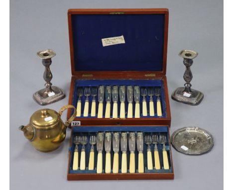 A set of twelve silver-plated fish knives &amp; forks with simulated bone handles, &amp; in a fitted mahogany case; together 