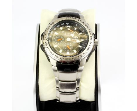 An Orient M-Force perpetual calendar stainless steel chronographic wristwatch (no. EY02-CO).