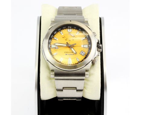 An Orient M-Force perpetual calendar stainless steel chronographic wristwatch (no. EX07-C0) with textured orange face.