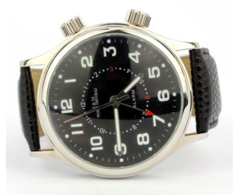 An automatic M.&amp;.M. Primo Emporio (no. 21-68) Vera Pelle wristwatch with alarm function on a black embossed leather strap