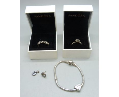 Pandora silver jewellery - two rings (J and N), a bracelet, a heart charm, a small horseshoe charm, and a single earring