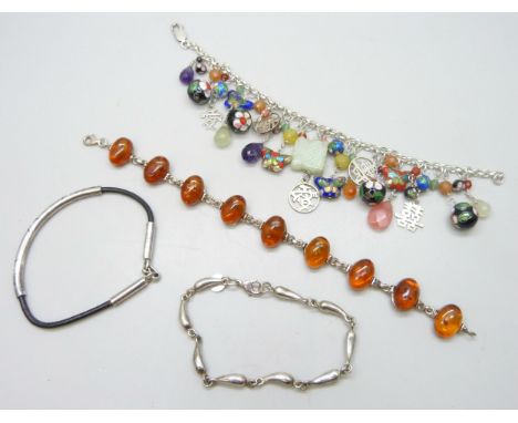 A Chinese silver bracelet, two other silver mounted bracelets, 52g, and a plated wave design bracelet