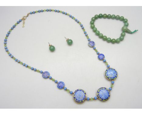 A Chinese enamelled necklace, together with a jade or jadeite bracelet and earrings