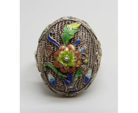 A vintage Chinese silver ring with cloisonne enamelled detail, S, 2cm