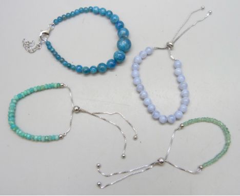 Four silver and bead bracelets set with 67ct neon apatite, 12.5ct amazonite, 5.5ct emerald and 33ct blue lace agate