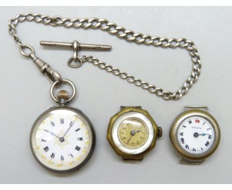 A silver fob watch with a short silver Albert chain, together with two Medana wristwatch heads
