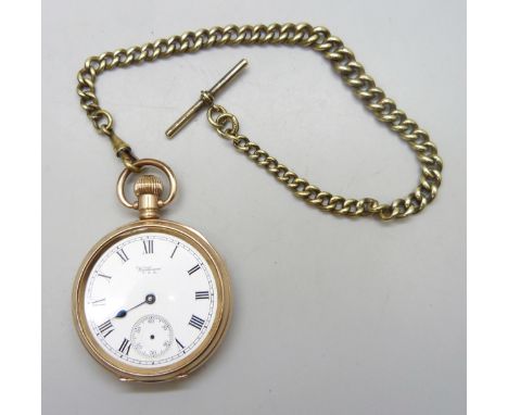 A Waltham gold plated Star Dennison cased pocket watch, inscription to case back, glass loose, and a plated Albert chain