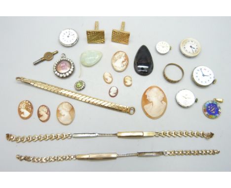 An early 20th Century white stone set portrait pendant, watch movements, cameos, etc.