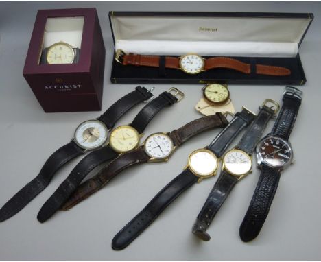 A collection of watches, including a gold plated trench watch form wristwatch head, Rockford watch company, two Accurist wris
