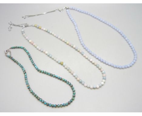 Three silver and bead necklaces set with 128ct beryl, 115.5ct of blue lace agate and 61ct turquoise