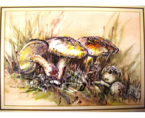 Gloria Muddle ' Mushroom Patch ' watercolour, signed lower left, 33 x 47cm approx