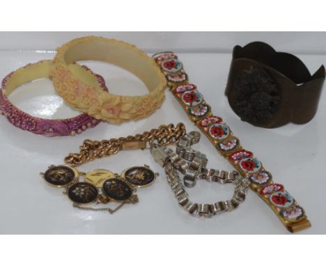 Seven interesting vintage bracelets including micro-mosaic, gold lined, early coloured plastic, Japanese