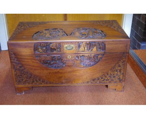 Chinese carved camphor wood trunk 100cm wide