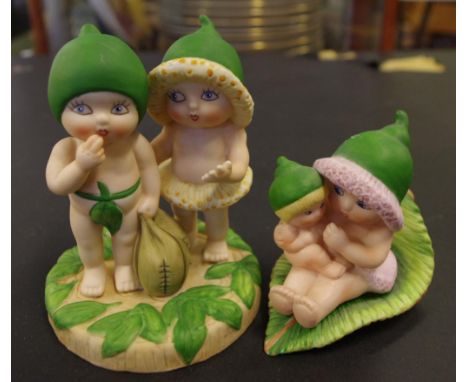 Two ceramic gumnut "bib & bub" baby figurines H11cm approx (tallest)