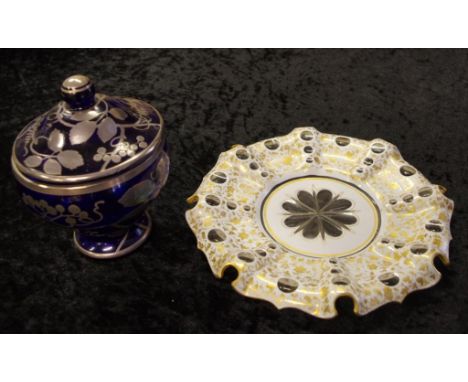 Vintage silver overlay glass lidded pot 15cm high approx. together with a vintage Bohemian overlay glass plate