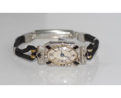 Art Deco diamond platinum and onyx watch