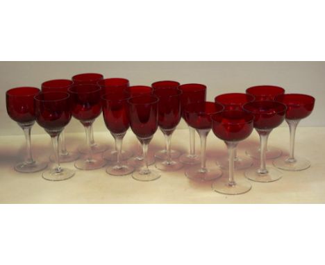 Eighteen ruby flash wine glasses with clear stems, to include 6 red wine, 6 white wine and 6 champagne, H17cm (tallest)