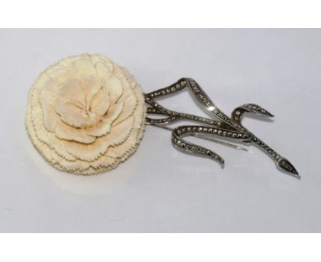 Vintage, silver, marcasite & ivory flower brooch originally purchased in Singapore, brought to Australia circa 1970, marked S