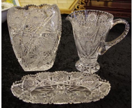 Three vintage Bohemian cut crystal pieces comprising vase (24cm high approx)., jug & dish