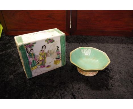 Antique Chinese ceramic pillow 12.5cm high approx., & small green glazed octagonal bowl