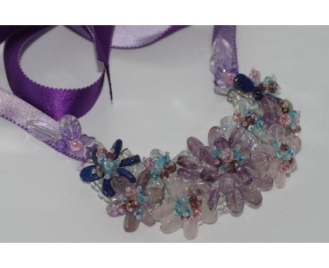 Amethyst and lapis necklace/choker with ribbon