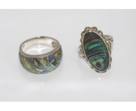 Two vintage silver and paua shell rings size: P/7 and R/89 (one marked 925- other unmarked)