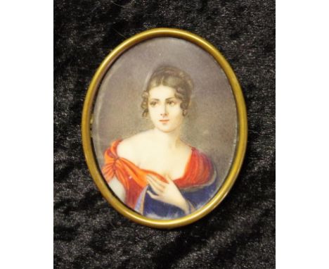 Antique handpainted portrait framed miniature in gilt metal, 6.5cm high approx.