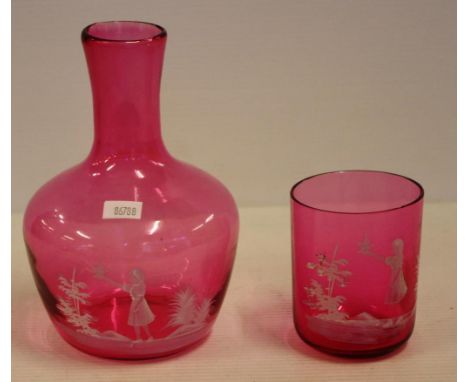 Mary Gregory ruby glass carafe and beaker H18cm approx