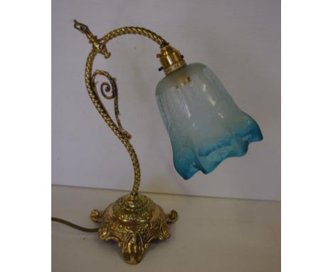 Antique style brass electric lamp with blue etched glass shade, 35cm high approx.