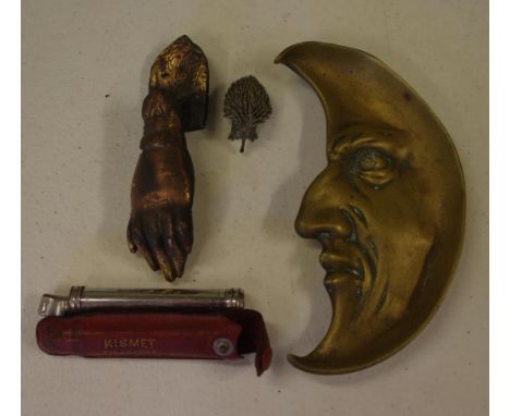 Vintage brass moon face dish together with a tyre gauge, door knocker & metal animal