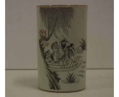 Chinese ceramic brush pot decorated with figures & calligraphy, reign marks to base, 12 cm high