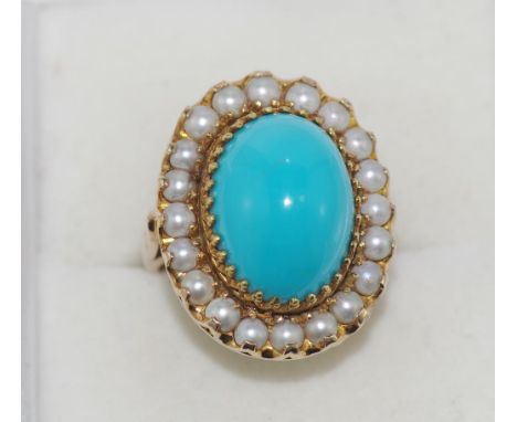 10ct yellow gold and turquoise & pearl ring weight: approx 13.4 grams, size: K-L/5
